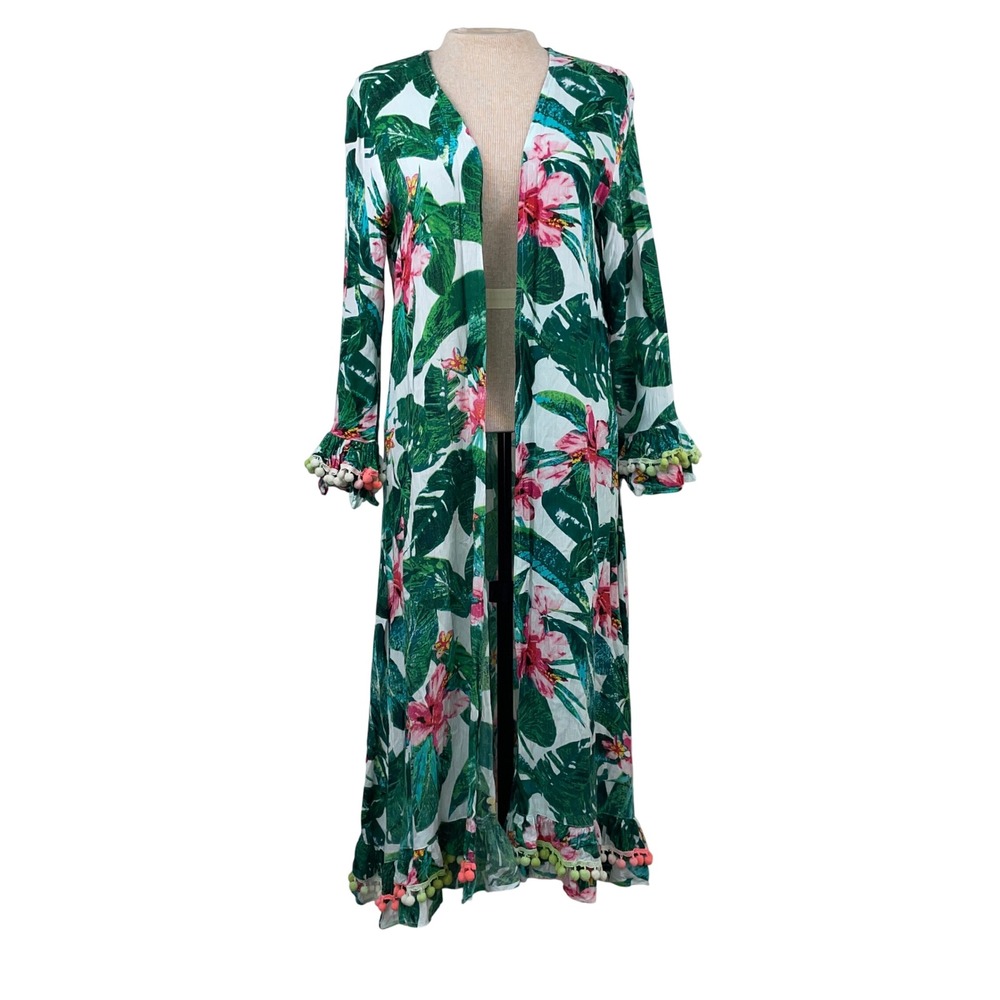 America & Beyond Womens Tropical Hibiscus Pom Pom Trim Duster Kimono Green M